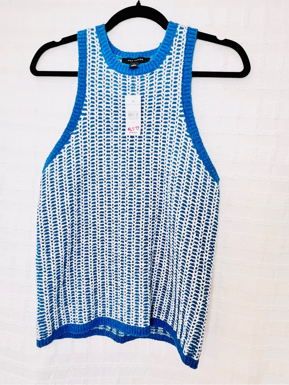 Ann Taylor Blue & White Open-Knit Racerback Tank